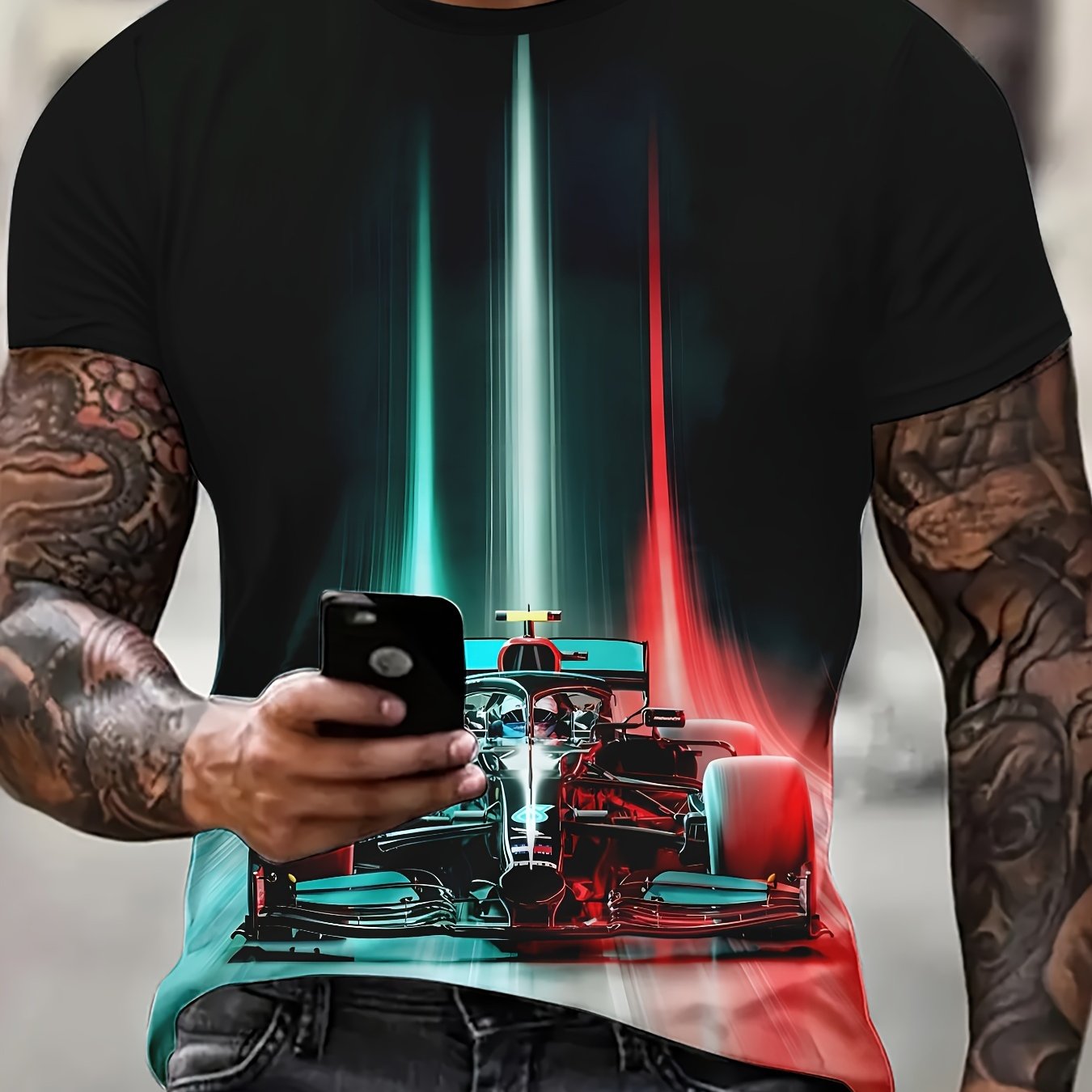 T-shirt da uomo Valstrend con stampa digitale 3D di auto da corsa, maniche corte, collo rotondo in poliestere, vestibilità regolare