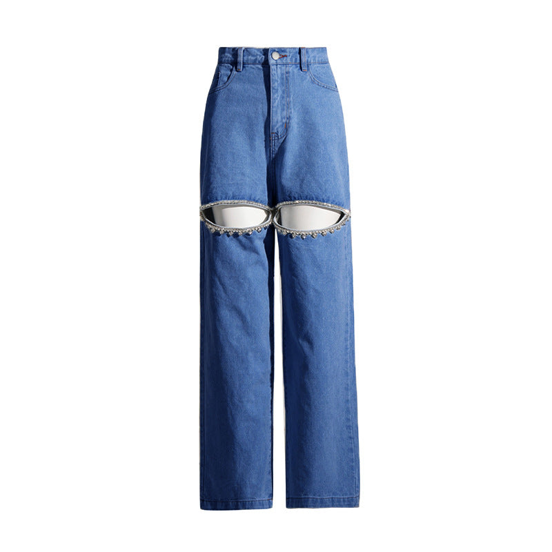 Jeans larghi da donna Valstrend con perline di diamanti, stile alla moda e tessuto colorato, visibili in questa immagine.