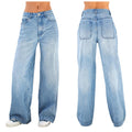 Jeans a vita alta in stile europeo e americano, larghi e larghi, marca Valstrend, mostrati in dettaglio nell'immagine.