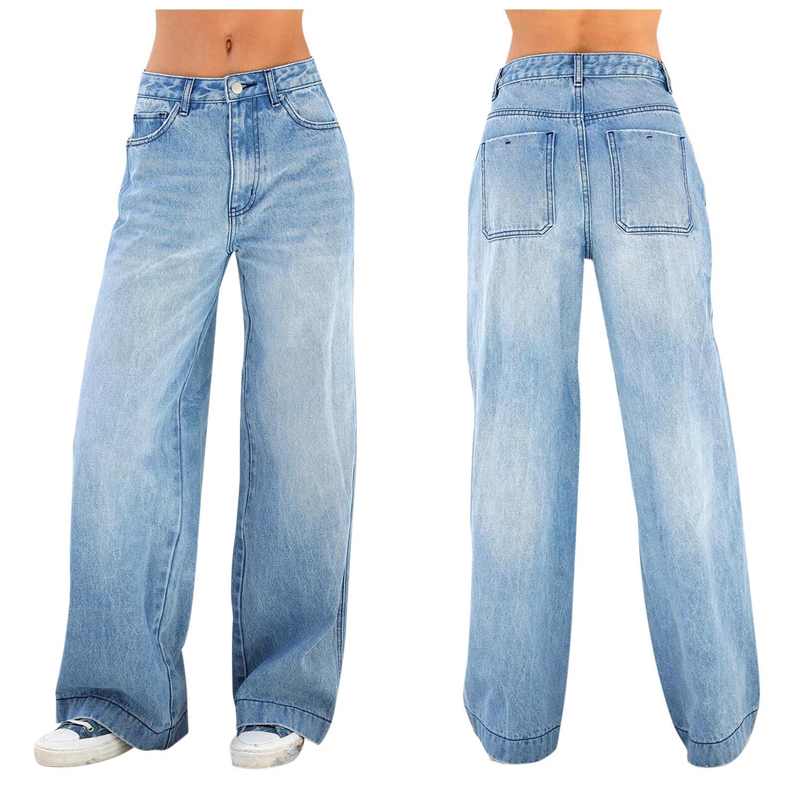 Jeans a vita alta in stile europeo e americano, larghi e larghi, marca Valstrend, mostrati in dettaglio nell'immagine.