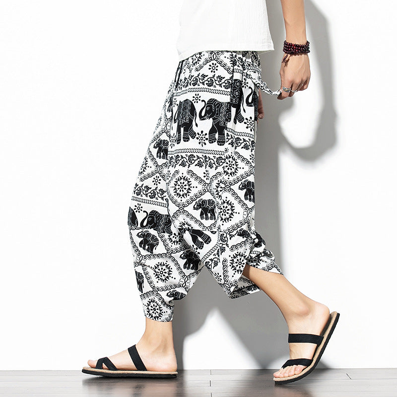 Pantaloni stampati baggy in cotone e lino, pantaloni casual larghi e cropped, marca Valstrend.