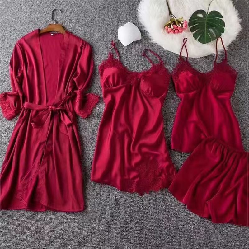 Spring And Autumn Sexy Four-piece Lace Ice Silk Thin With Shoulder-straps Nightdress