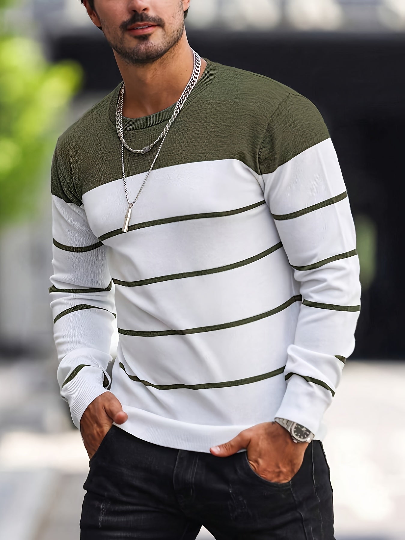 Pullover da uomo a righe in maglia, maglione casual a manica lunga e girocollo, perfetto per autunno e primavera, Valstrend.
