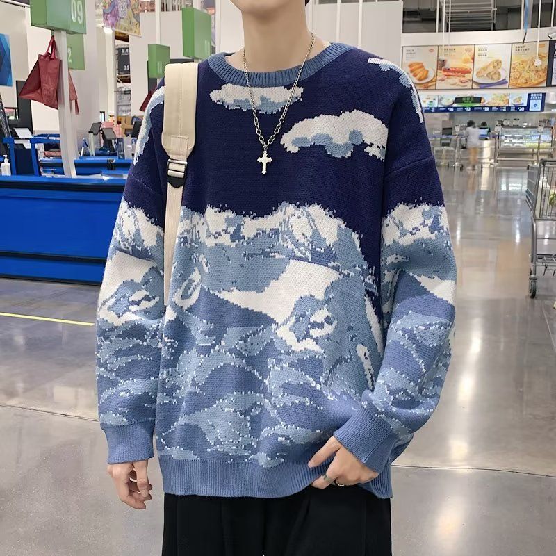 Maglione girocollo in stile retrò con tie-dye a montagne innevate, marca Valstrend, tessuto morbido e colori vivaci.