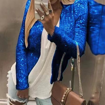 Giacca corta casual da donna Valstrend con blocchi di colori e paillettes, stile trendy e vivace.