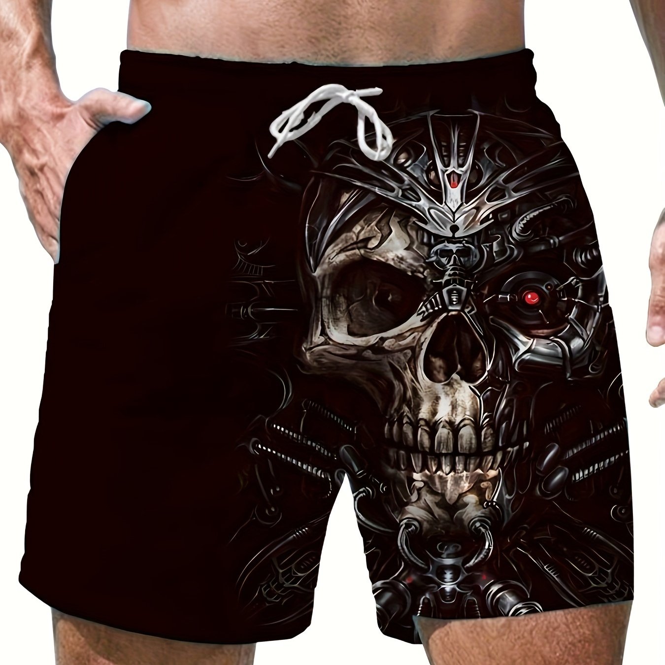 Pantaloncini da spiaggia da uomo Valstrend con stampa 3D di teschio, coulisse, ideale per estate, piscina e resort.