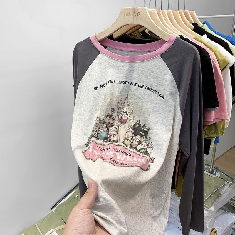 Women's American-style Vintage Floral Print Long Sleeves T-shirt