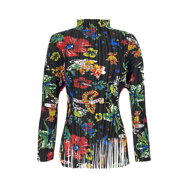Maglia donna a maniche lunghe con colletto a pieghe e motivo floreale, marca Valstrend, visibile in dettaglio.