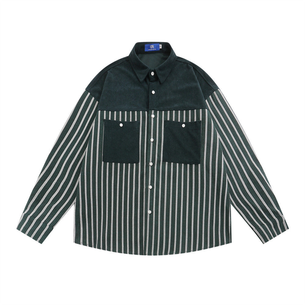 Camicia casual a righe verticali con cuciture, tasca a contrasto, maniche lunghe e scollo a punta, marca Valstrend.
