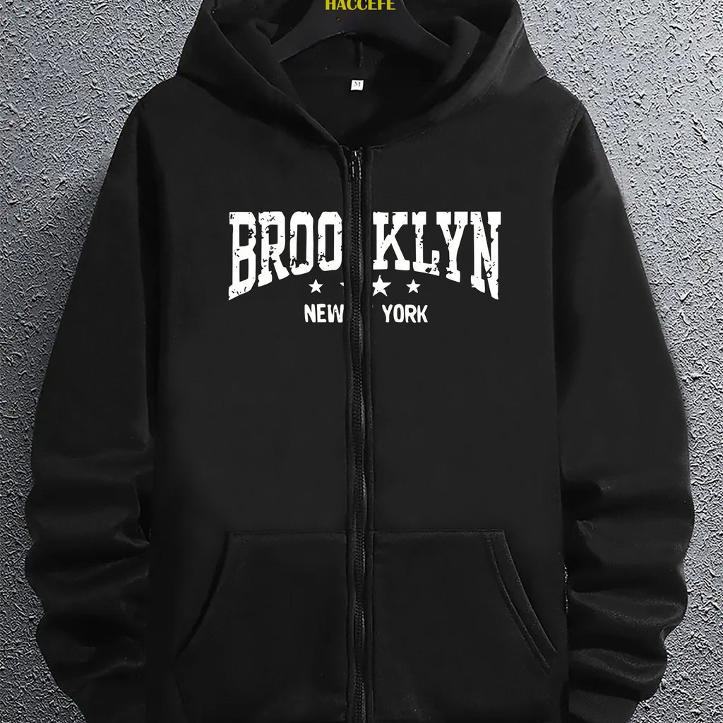 Felpa con cappuccio lunga a zip Valstrend Brooklyn New York, stile casual, comoda e versatile per l'autunno, con tasca kangaroo.