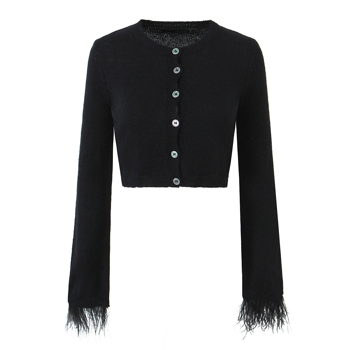 Cardigan corto in maglia Valstrend con polsini in pelliccia, vestibilità slim, patchwork e bottoni, ideale come top caldo e alla moda