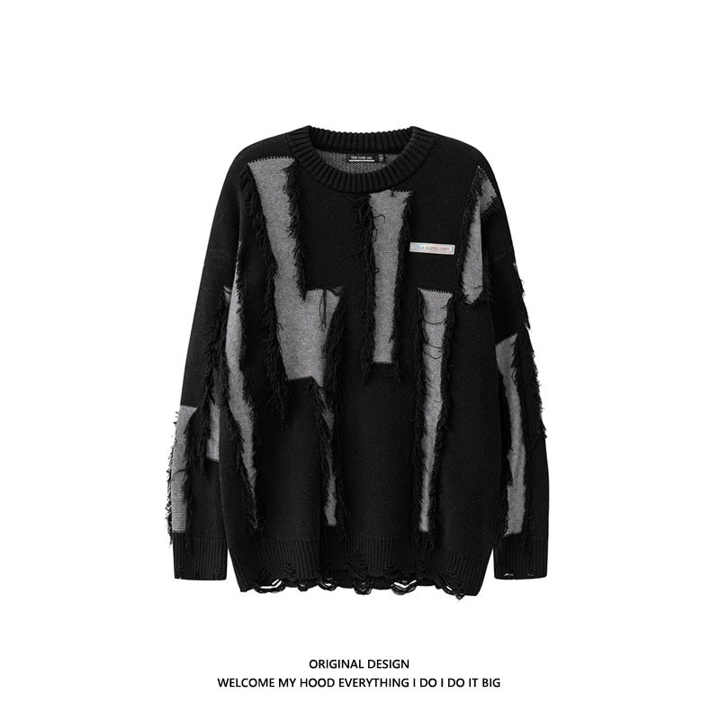 Maglione destrutturato a collo rotondo per uomo e donna di Valstrend Shop, maglia oversize con look usurato e stile casual.
