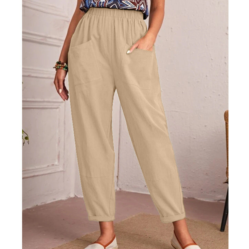 Pantaloni casual donna in cotone e lino con vita elasticizzata, stile comodo e leggero, marca Valstrend shop