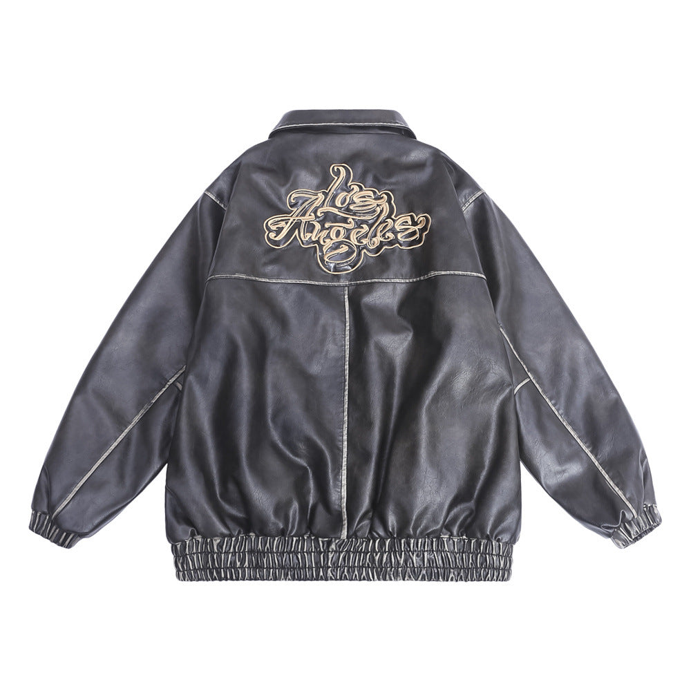 Flower Embroidery Cotton Padded Thickened Leather Coat Men