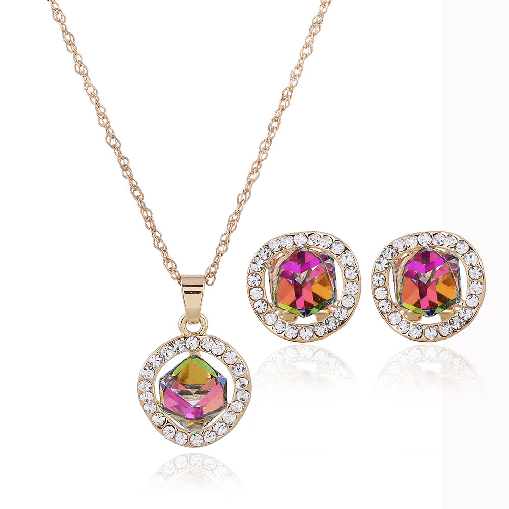 Set di collana e orecchini da sposa in cristallo dorato con pendente coreano, gioielli eleganti da matrimonio di Valstrend.