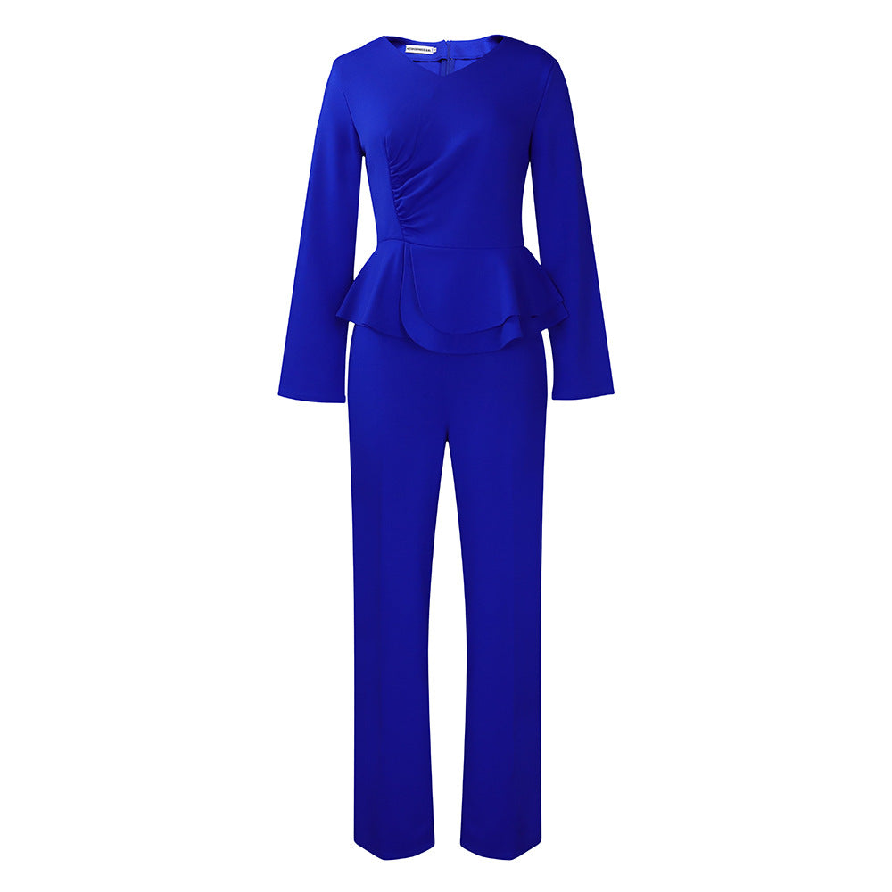 Top e pantaloni due pezzi Valstrend, set elegante europeo e americano con top a V con volant, stile fashion OL.