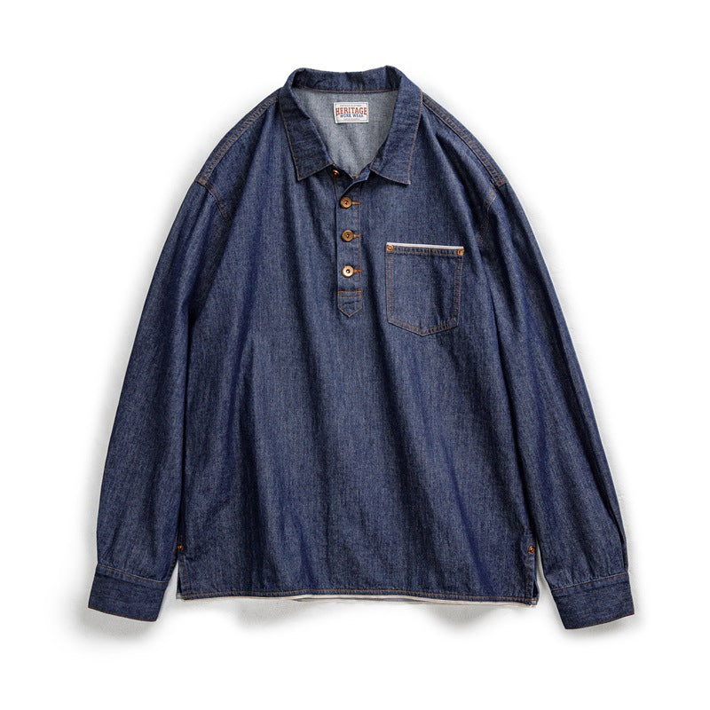 Camicia da uomo in denim retrò americana Valstrend in tessuto jeans blu con dettagli classici e stile vintage.
