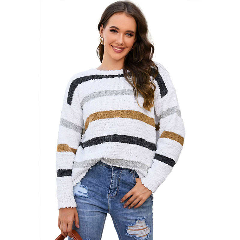 Maglione donna a righe con stampa colorata a maniche lunghe, brand Valstrend shop, abbigliamento moda femminile