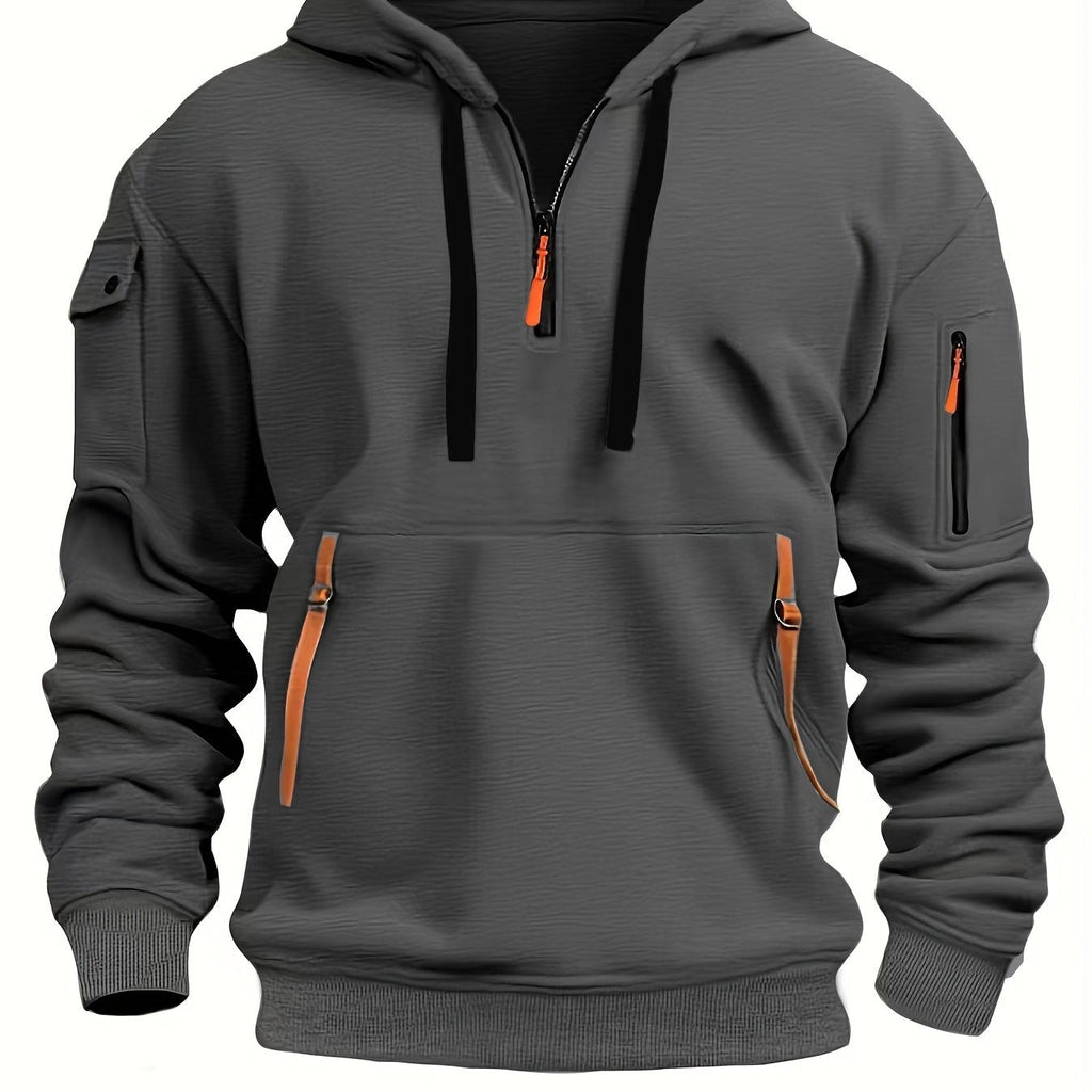 Felpa da uomo Valstrend con cappuccio, mezza zip, tasca kangaroo e zip multiple, ideale per sport e attività all'aperto