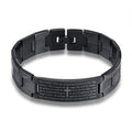 Bracciale da uomo Cross Bible in acciaio inox nero di Valstrend, cinturino elegante con croce e dettagli biblici.