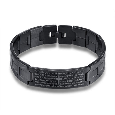 Bracciale da uomo Cross Bible in acciaio inox nero di Valstrend, cinturino elegante con croce e dettagli biblici.