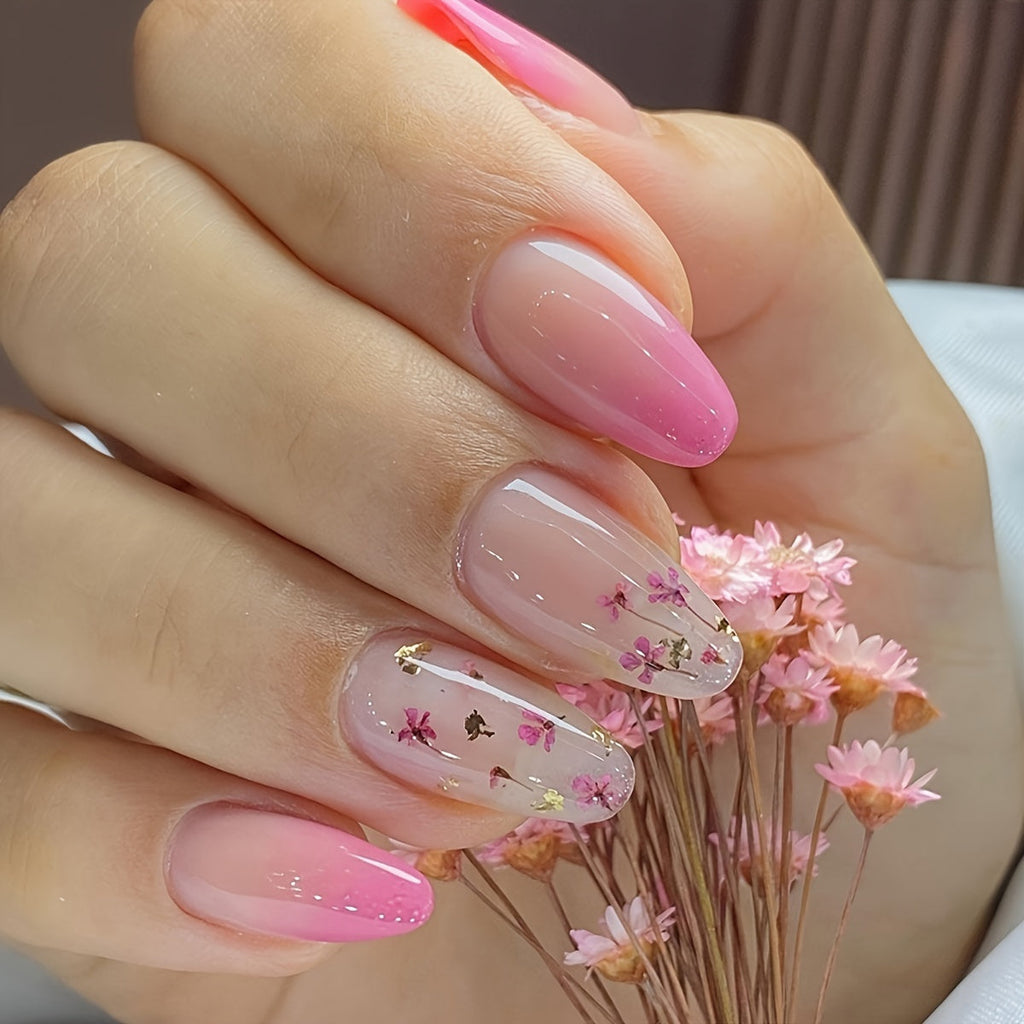 Set di 24 unghie finte a mandorla rosa con design floreale, finitura lucida e adesivo gel, per donne e ragazze, stile romantico primaverile.