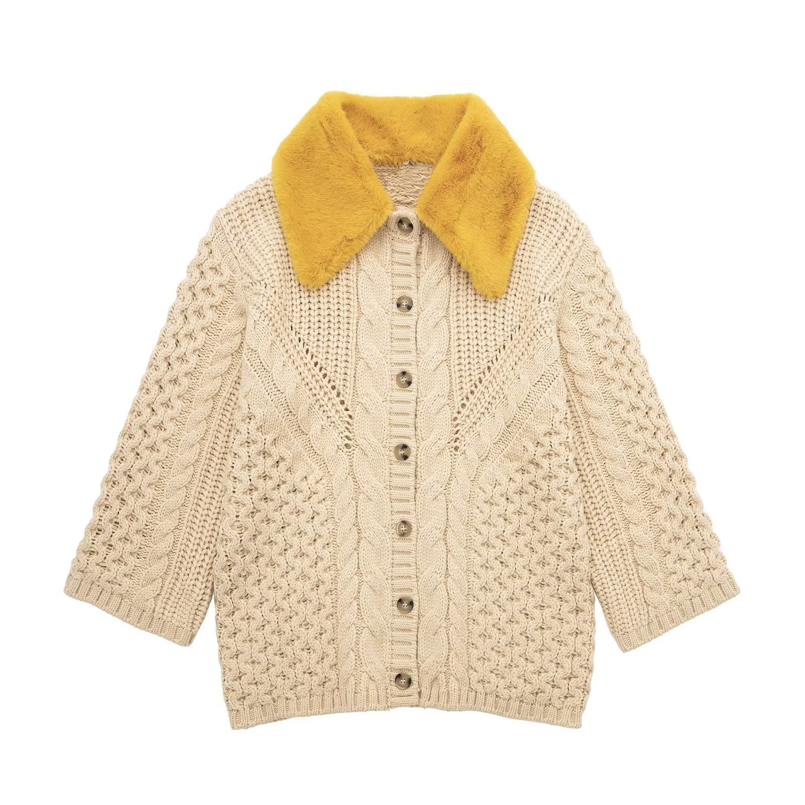 Giacchetto cardigan Valstrend con collo in pelliccia a otto fili, stile europeo e americano, tessuto lavorato a maglia, calda e elegante