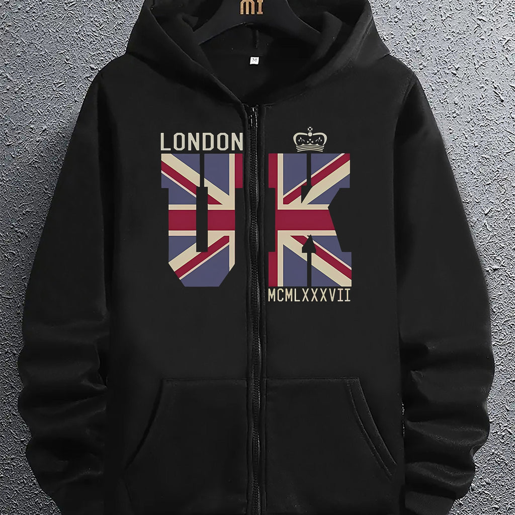 Felpa con cappuccio Valstrend, stampa dell'alfabeto Union Jack di Londra, maniche lunghe, tasca kangaroo, cotone elasticizzato.