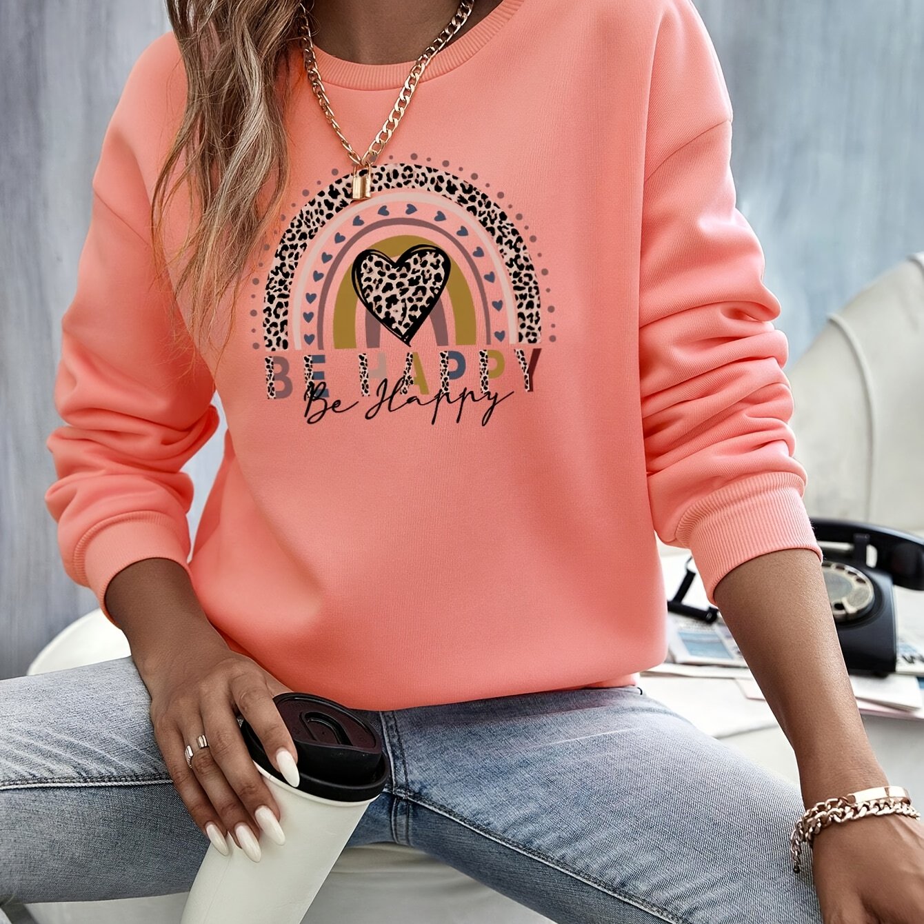 Elegant Women's Sweatshirt with Geometric Rainbow and Heart Design, Polyester Knit Fabric, Round Neck, Fashion Print Hoodie for All Seasons