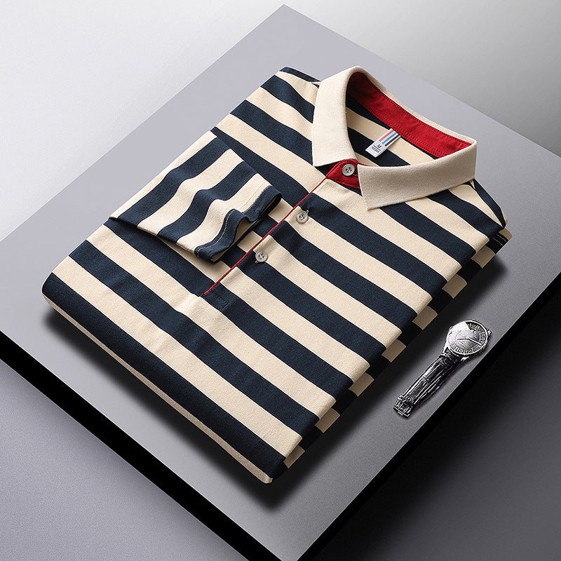 T-shirt a maniche lunghe a righe Valstrend, in cotone Tb con colletto, stile casual e comodo, visibile in dettaglio nell'immagine.
