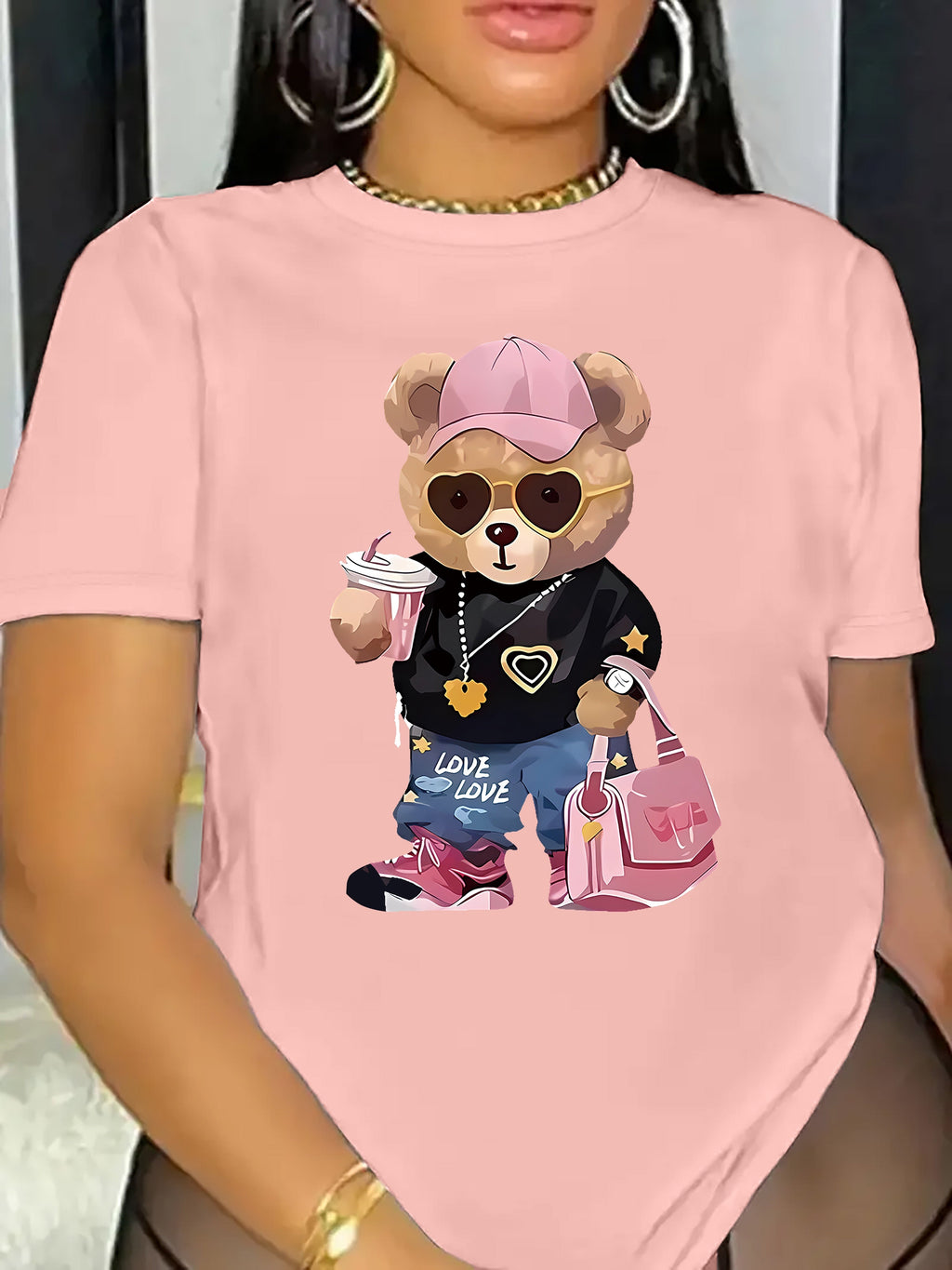T-shirt casual da donna Valstrend con stampa orso cartone animato, maniche corte e collo rotondo in poliestere, adatta a tutte le stagioni.