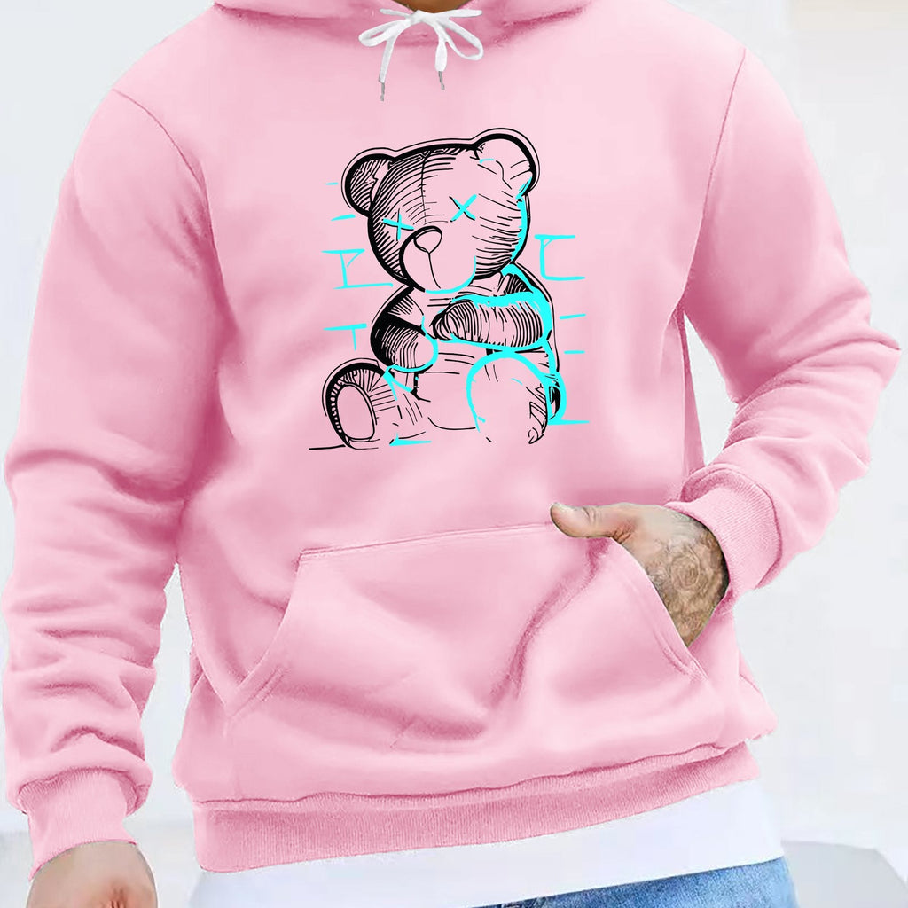 Felpa uomo casual con stampa teddy bear, in poliestere elasticizzato, cappuccio, tinta unita con grafica, vestibilità regolare.