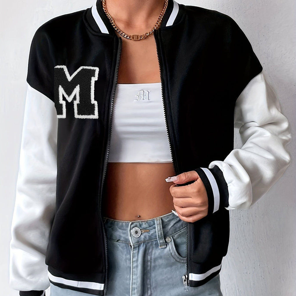 Giacca bomber con lettere a contrasto, zip, spalle scese e blocchi di colore, giacca casual donna Valstrend.