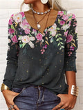 Blusa lunga a maniche lunghe con motivo geometrico floreale e scollo a U, bottoni, marca Valstrend shop.
