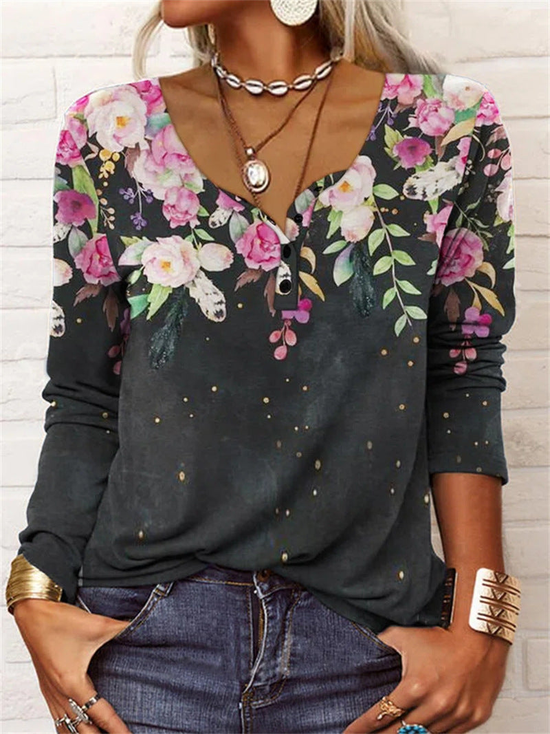 Blusa lunga a maniche lunghe con motivo geometrico floreale e scollo a U, bottoni, marca Valstrend shop.
