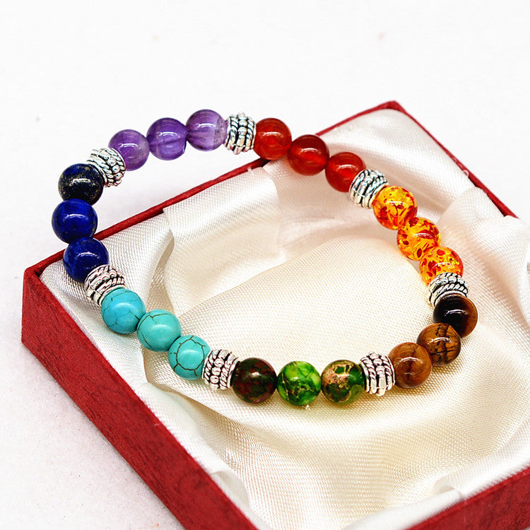 Bracciale Reiki in argento antico con pietre naturali agata e cristalli colorati, sette chakra, per yoga e meditazione.