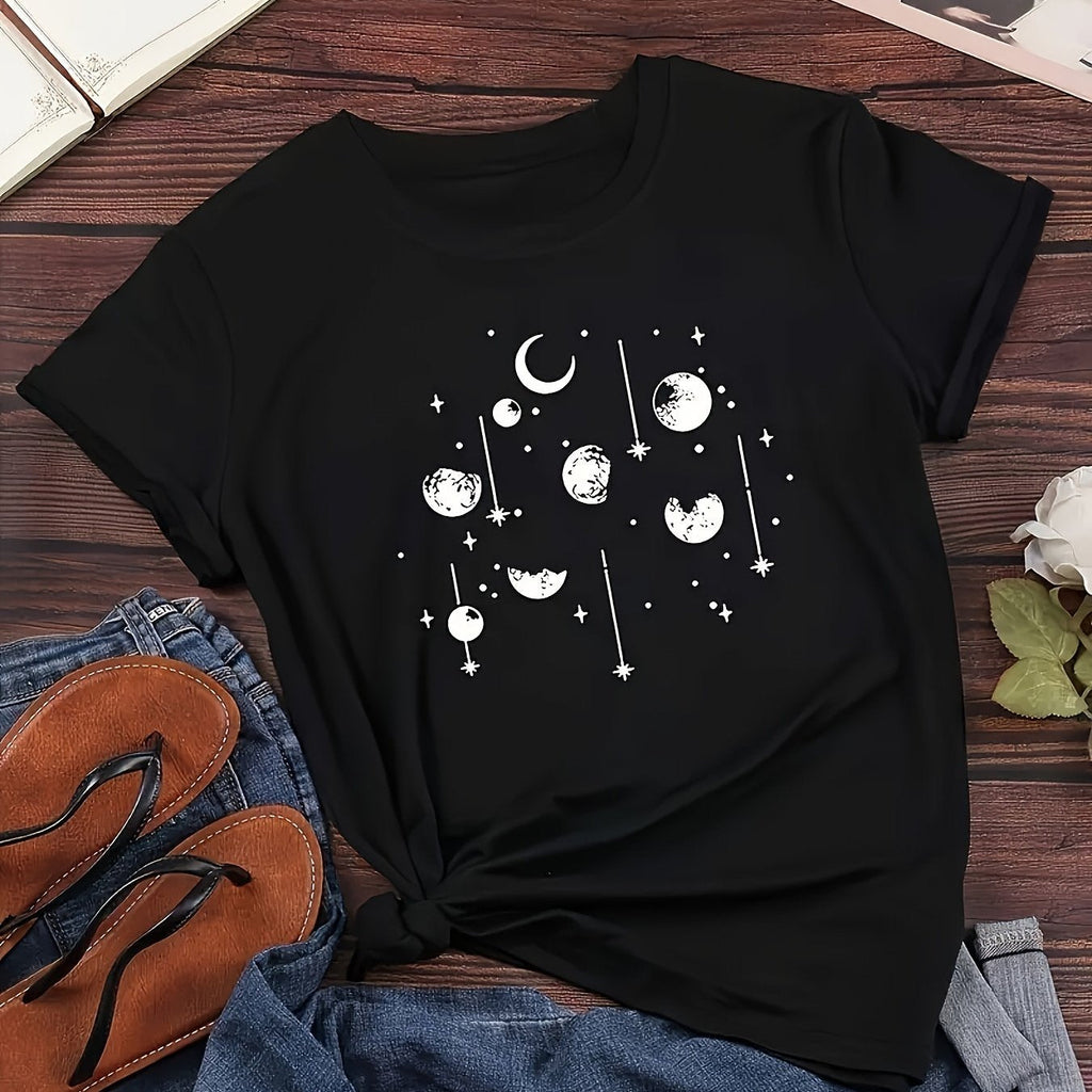 T-shirt donna con stampa luna, maniche corte, vestibilità casual, ideale per primavera e estate, marchio Valstrend.