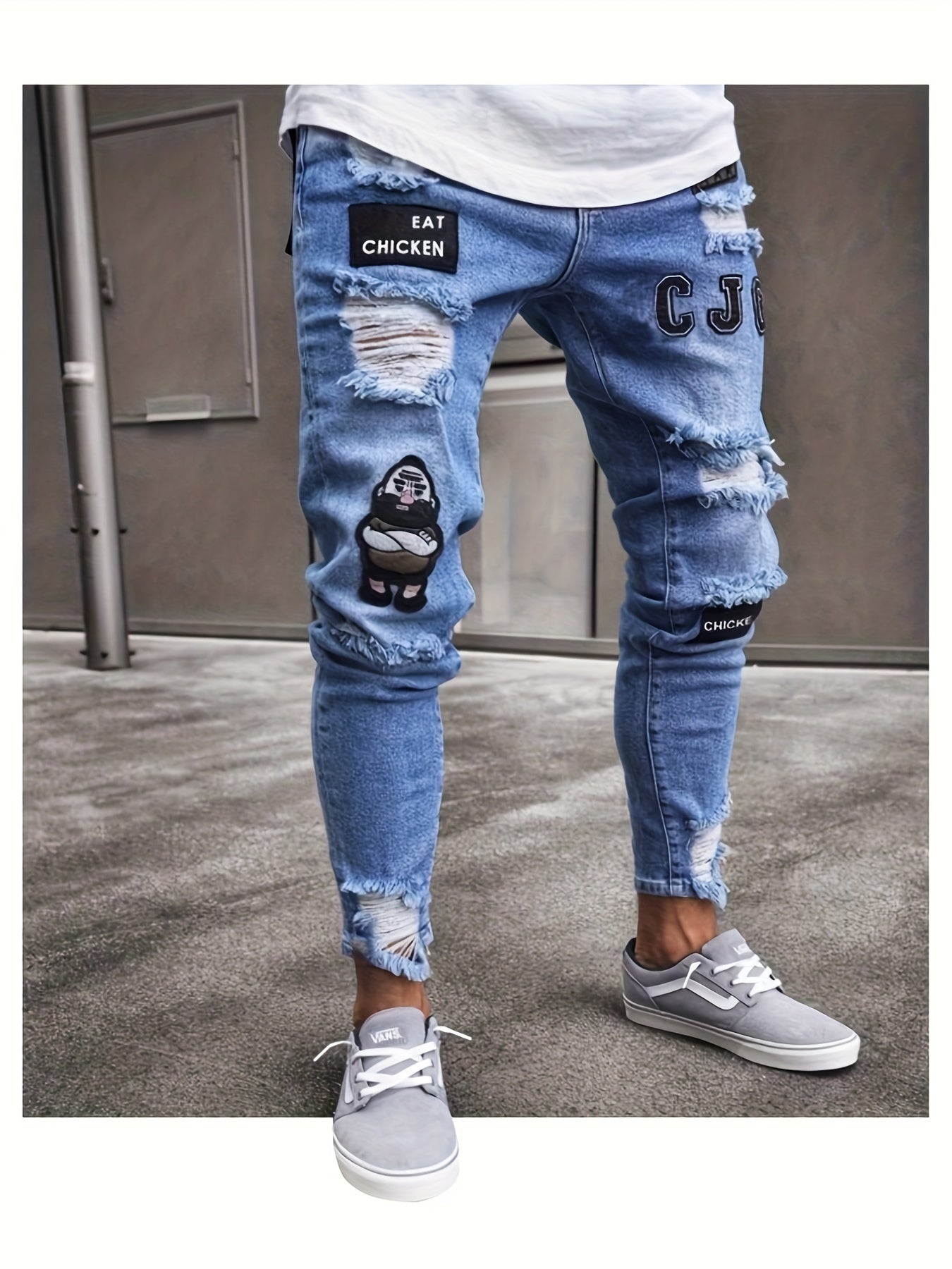Jeans skinny strappati da uomo Valstrend con stampa di lettere pollo, denim casual per uso quotidiano all'aperto.