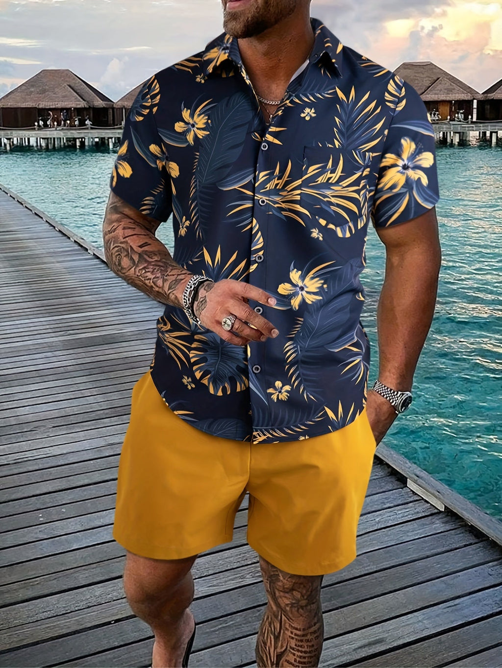 Completo estivo da uomo Valstrend: camicia a maniche corte con bottoni e pantaloncini solidi con tasche, perfetto per vacanze e resort.