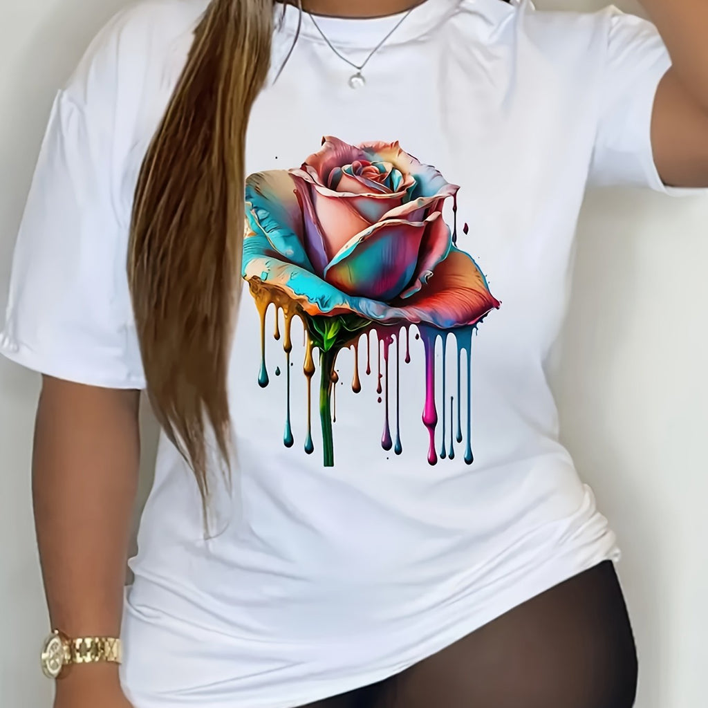 T-shirt donna con stampa rosa, manica corta e scollo rotondo, ideale per primavera ed estate, marca Valstrend.