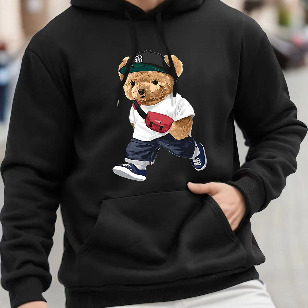 Fashion Teddy Bear Graphic Print, Men's Fashion Casual Hoodie With Drawstring And Kangaroo Pocket Design, Comfy Long Sleeves Pullover Hoodie, Autumn And Winter Top For Men