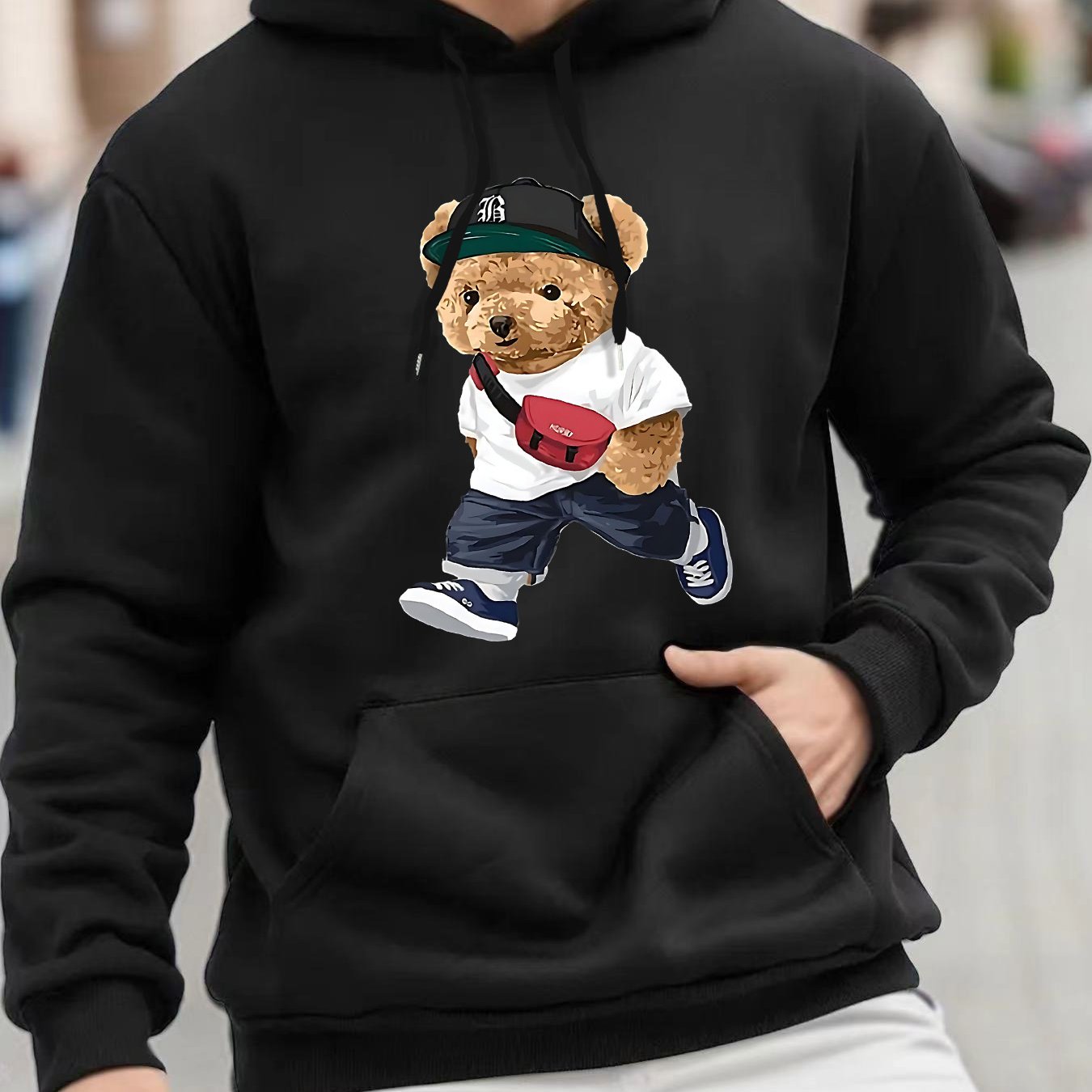 Fashion Teddy Bear Graphic Print, Men's Fashion Casual Hoodie With Drawstring And Kangaroo Pocket Design, Comfy Long Sleeves Pullover Hoodie, Autumn And Winter Top For Men