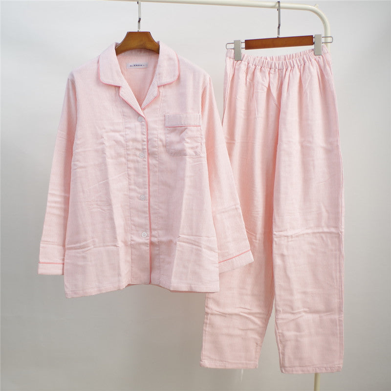 Pigiami da donna primaverili e autunnali Valstrend in cotone spesso a righe, con colletto e stile comodo per casa.