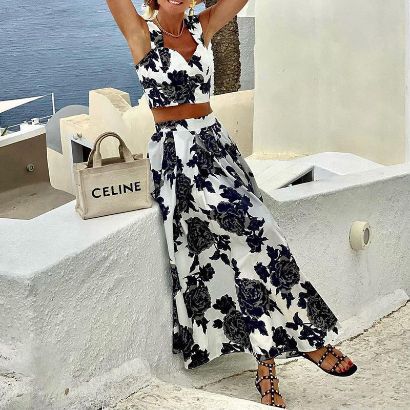 Fashion Printed Suspenders Top And Skirt Two-piece Set