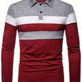 Men's Color Matching Golf Shirt, Casual Breathable Lapel Half Button Long Sleeve Shirt For Business Activities