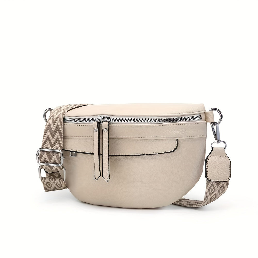 Borsa a tracolla in pelle morbida con cinturino a chevron, chiusura a zip e portafoglio vegano, ideale per uso quotidiano.