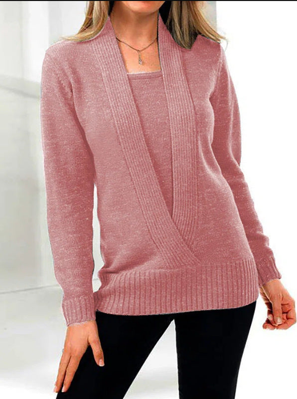 Maglione corto a maniche lunghe e scollo a V, color solid color, stile fake due pezzi, marca Valstrend per autunno e inverno