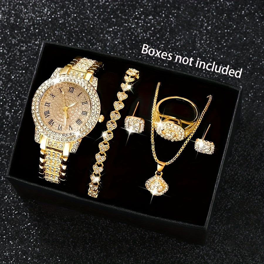 Orologio da donna di lusso Valstrend con set di gioielli, cassa rotonda, dettagli cristallo, cinturino in lega, display analogico.