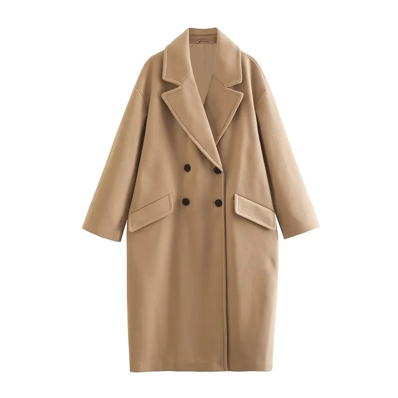 Cappotto femminile europeo e americano Valstrend, stile elegante, in tessuto caldo con zip e tasche, vista frontale.