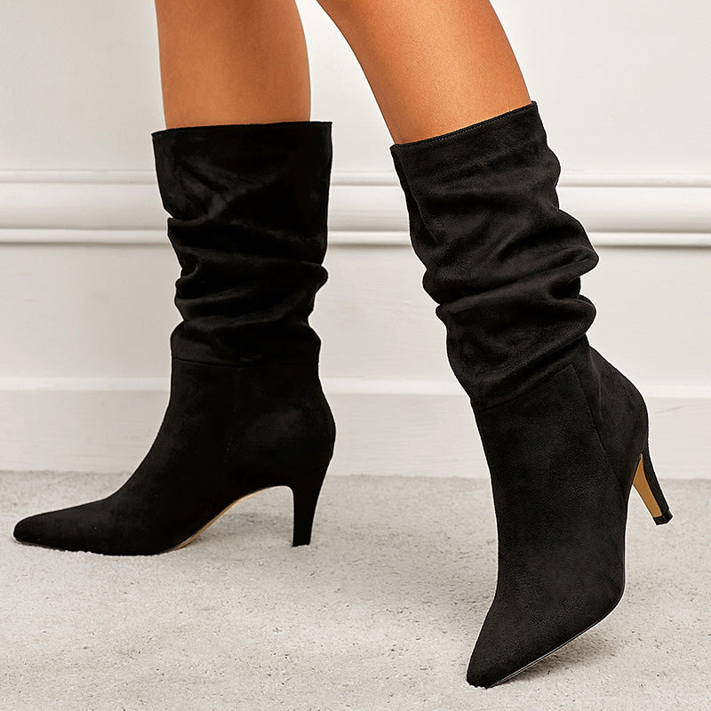 Stivaletti donna Valstrend in suede arricciato con tacco a stiletto, taglia grande, eleganti e alla moda.